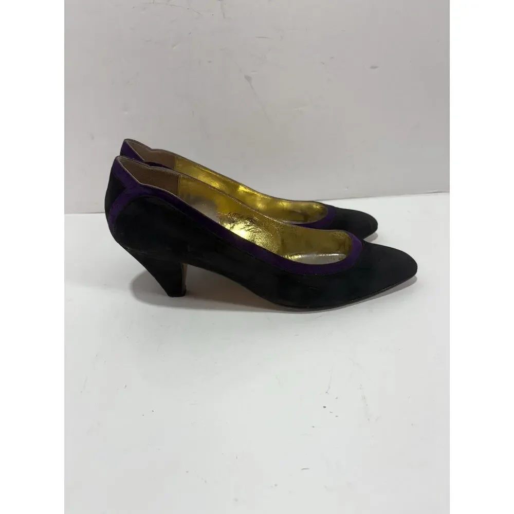 Vintage Saks Fifth Avenue Attilio‎ Curione Italy Black Purple Suede 8 Shoes Heel